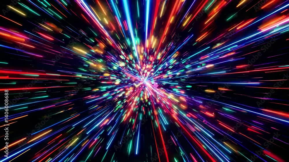 Poster dynamic video concept of colorful light streaks creating a tunnel effect. the camera angle is center