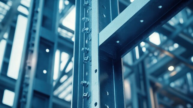 Construction worker securing a steel frame in a building. Featuring structural work and safety
