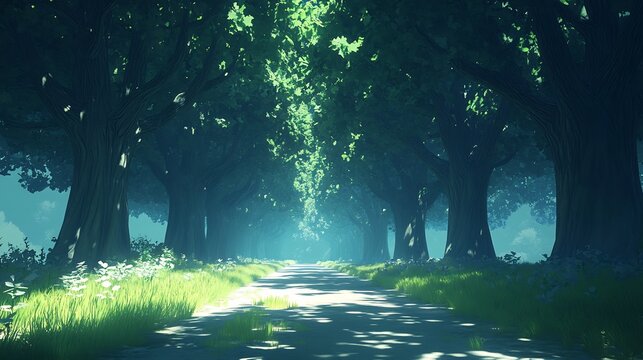Enigmatic forest corridor lined towering trees and subtle shifting shadows where gentle illumination creates a sense of quiet exploration