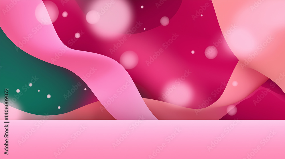 Poster abstract pink and green wavy background with bokeh lights