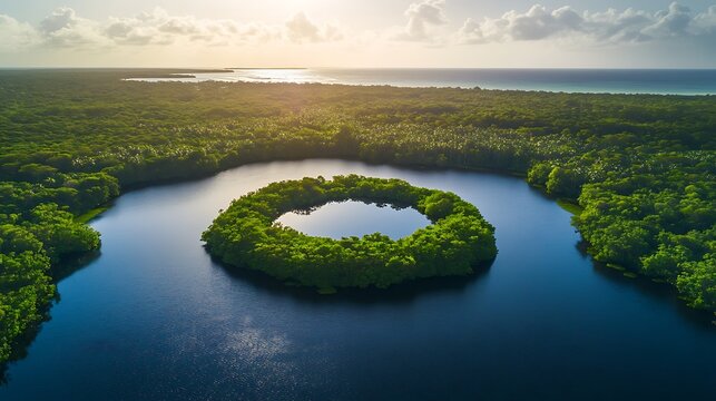Artistic aerial shot of a circular island appearing like a floating gem in a glassy lake with thick tree coverage and an open sea background