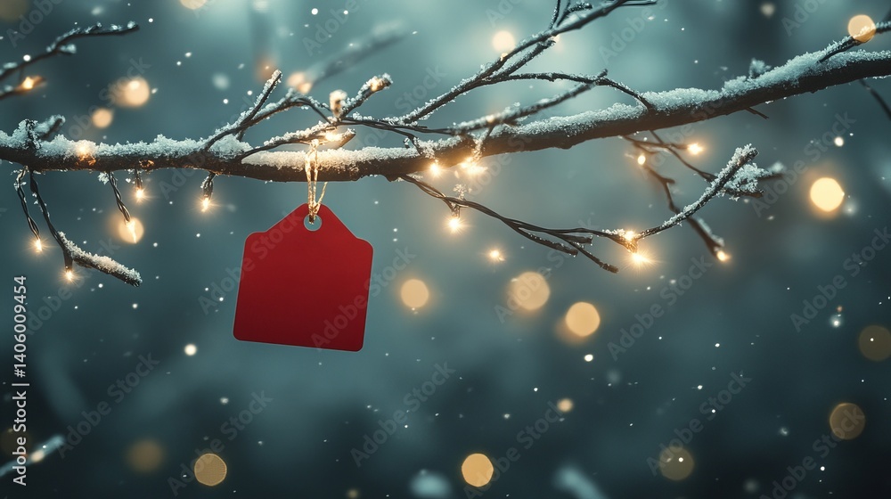 Poster red tag hanging from snow covered branch with bokeh lights in a wintery christmas scene view close u