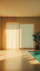 Fototapeta premium Bright and serene indoor space with natural light streaming through curtains near swimming pool