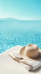 Relaxing by the tranquil blue waters with a book and sunhat on a warm day