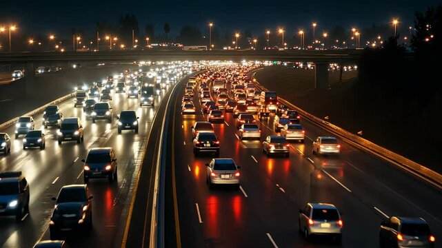 Multiple cars are driving slowly on a highway at night, creating a traffic jam, with their headlights and taillights illuminating the scene