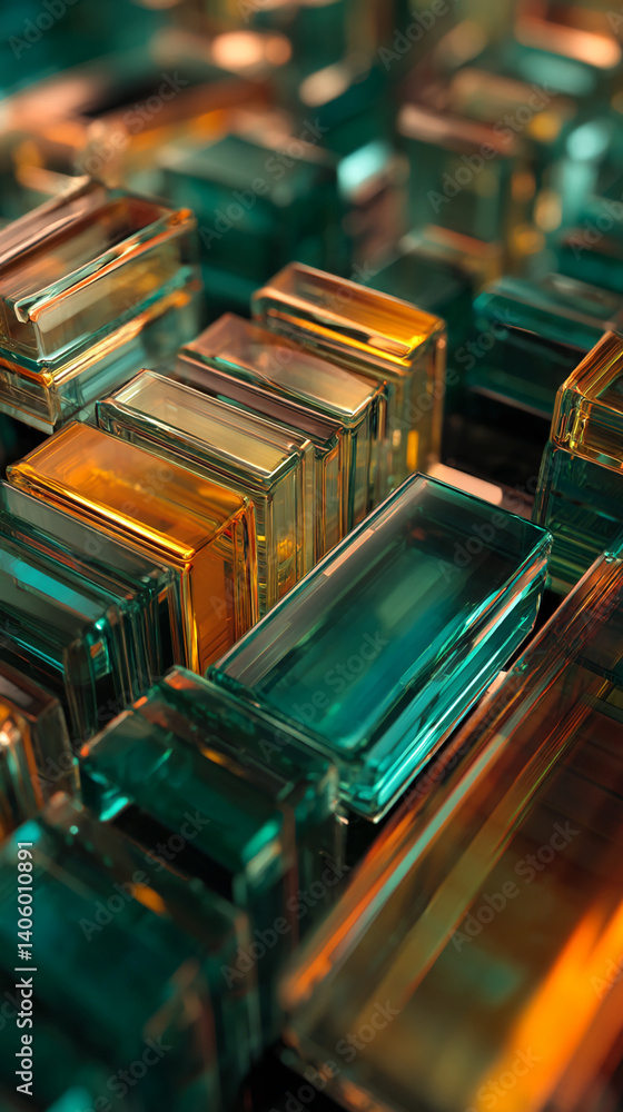 Aufkleber Abstract image of stacked teal and amber glass blocks, creating a modern and geometric design, showcasing a luxurious and sophisticated aesthetic ideal for technology or design concepts