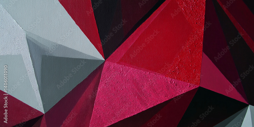 Poster abstract geometric painting with red, gray, and black triangular shapes, showcasing a modern and bol