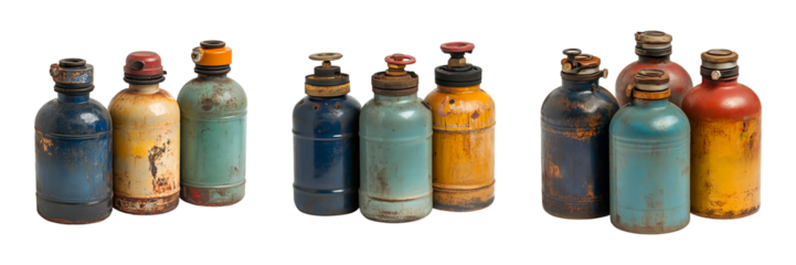 Set of old colorful gas cylinders isolated on transparent background