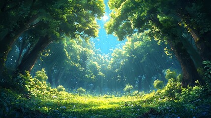 Fototapeta premium Enchanting forest under clear blue sky with a canopy of thick green leaves and scattered sunbeams creating a luminous vibrant background
