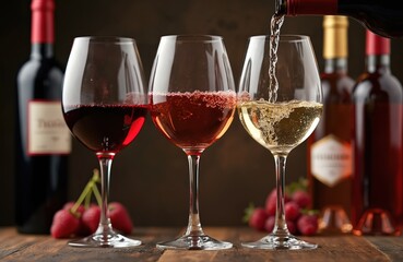 Wine tasting photo red rose white wine in glasses, pouring. Bottles on wooden table background. Wine selection, degustation, winery, sommelier, restaurant, bar, event, celebration.