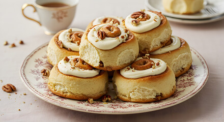 Delicious Homemade Cinnamon Rolls With Creamy Frosting And Pecan Topping