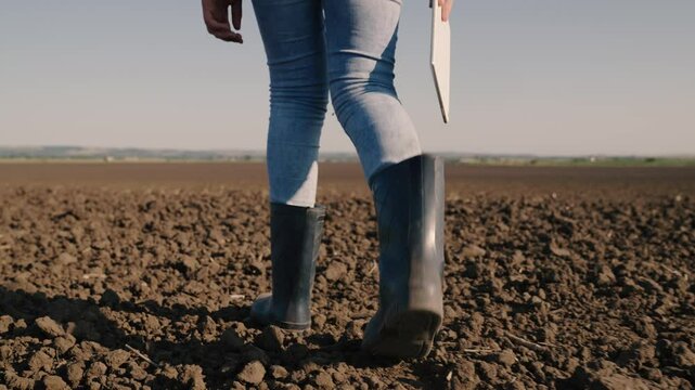 Agriculture, a farmer in rubber boots walks on the plowed land, resting a plot of land after harvesting, an agronomist checks the soil holding a tablet in his hand, agribusiness of fields in the