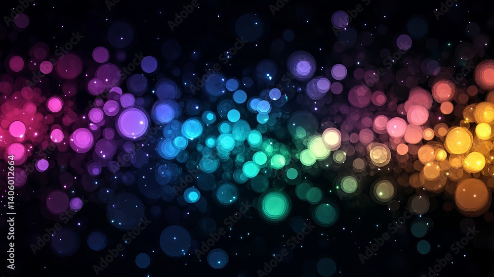 Poster colorful bokeh lights and small stars against a dark background with a gradient effect present