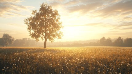 Fototapeta premium 3D scene of a lone tree in a sunlit summer field--sunrise or sunset.