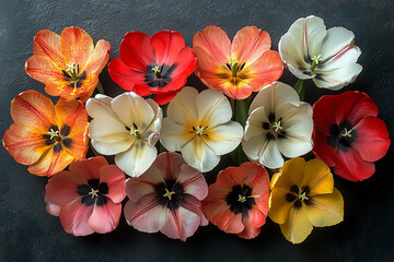 A top view, closeup of a collection of red, yellow and white tulip flowers isolated on a flat table top.A top view, closeup of a collection of red, yellow and white tulip flowers isolated on a flat ta
