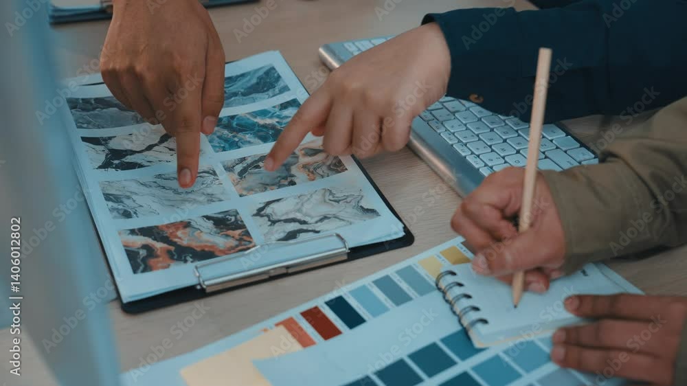 Poster a vibrant workspace shows hands selecting color palettes and exploring landscape designs. creative e