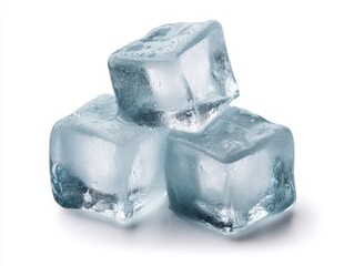 Three stacked ice cubes with visible melting edges and reflection on pale blue backdrop representing beverage chill minimal concept with soft lighting and icy detail texture