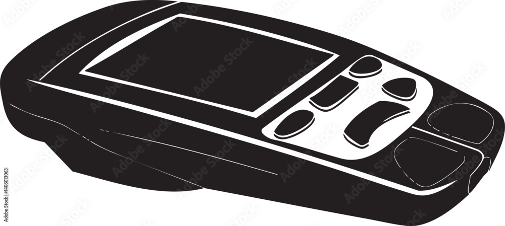 Poster illustration of a modern handheld electronic device with a display and control buttons.