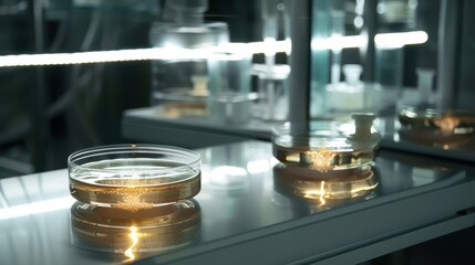 futuristic cosmetic lab creating synthetic skin for anti-aging, glowing skin samples in petri dishes, sterile beauty lab, elegant minimalism, close-up details