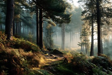 Fototapeta premium Enchanted woodland scene ancient pines and delicate ferns illuminated by gentle rays of golden sunlight amid swirling autumn mist