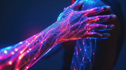 futuristic synthetic skin made of glowing microfibers being applied to human arm, transforming into natural skin on a cellular level