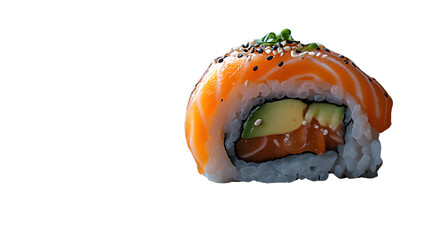 Delicious Sushi Roll with Salmon Avocado and Sesame Seeds on a Black Background