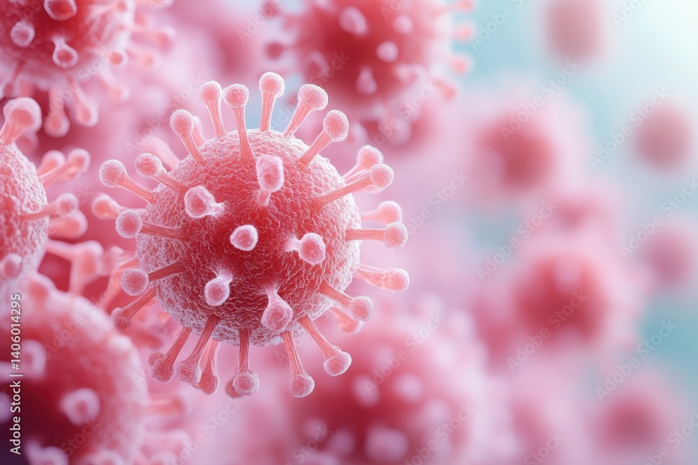 Poster microscopic view of vibrant pink virus particles in a scientific setting highlighting their unique s