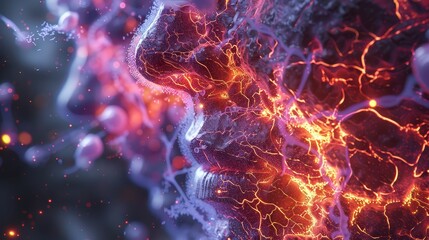 molecular visualization of skin regeneration, synthetic collagen and elastin fibers bonding to facial tissue, glowing biomaterials