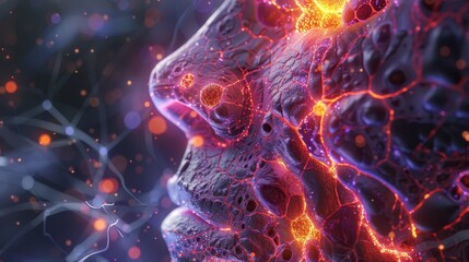 Fototapeta premium molecular visualization of skin regeneration, synthetic collagen and elastin fibers bonding to facial tissue, glowing biomaterials