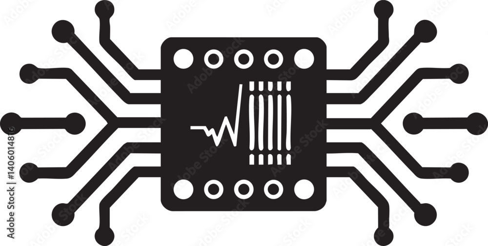 Poster a stylized representation of a microchip with circuit connections illustrating modern technology.