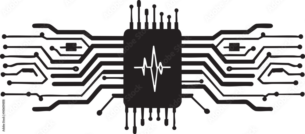 Poster a black and white illustration of a microchip integrated with circuit lines and a waveform.