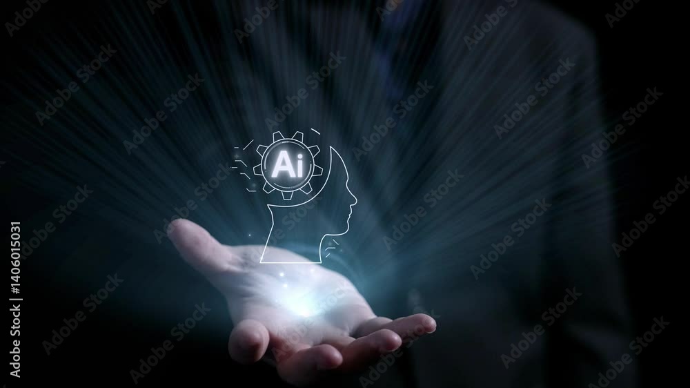 Poster human interact with ai artificial intelligence brain processor in concept of ai artificial intellige