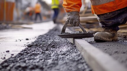 Construction worker smoothing concrete on a sidewalk. Featuring concrete finishing and sidewalk construction