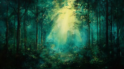 Obraz premium Enchanted evergreen forest a rich palette of deep greens subtle rays of sunlight illuminating intricate needle details in a magical woodland setting