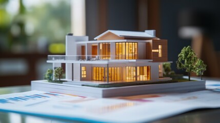 Real estate investment strategy visualized with digital home models and financial graphs.