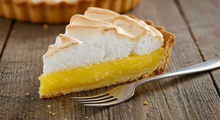 Delicious lemon meringue pie slice served on rustic wooden table