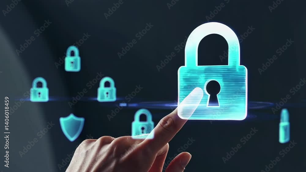 Poster businessman activating a futuristic security padlock in a digital interface, surrounded by other sec
