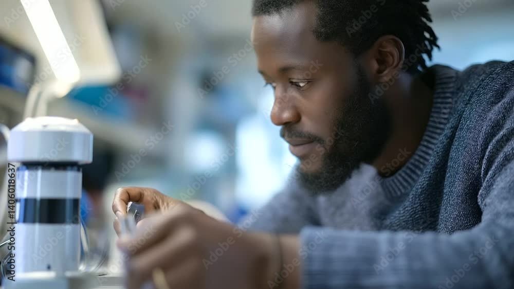 Poster innovative engineer fine-tuning a delivery robot in a cutting-edge laboratory.