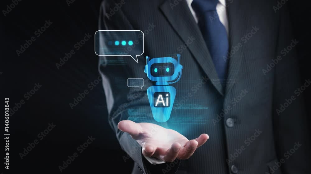 Poster human interact with ai artificial intelligence virtual assistant chatbot in concept of ai artificial