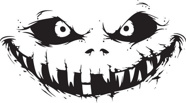 A creepy smiling face illustration with exaggerated features and a dark, whimsical design.