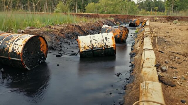 Oil barrels in polluted waterway shows environmental impact of industry, a toxic industrial spill damages a rural wetland.