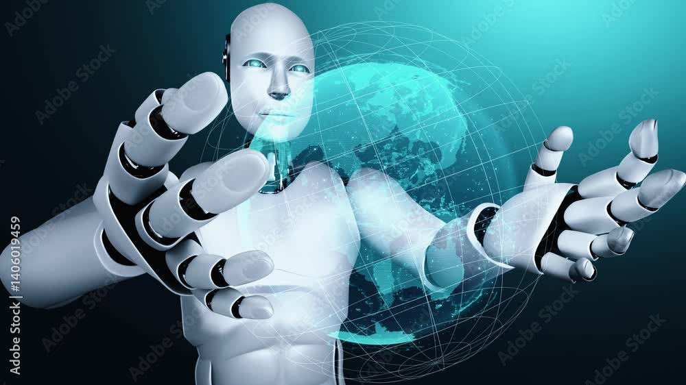 Poster ai hominoid robot holding hologram screen shows concept of global communication network using artifi
