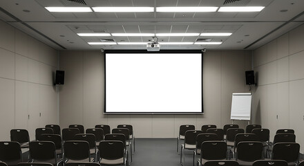 Empty conference room with a projector screen, projector, and seating, ready for a presentation or meeting in a professional setting.