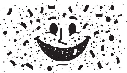 A playful illustration featuring a smiling face surrounded by confetti and festive elements.