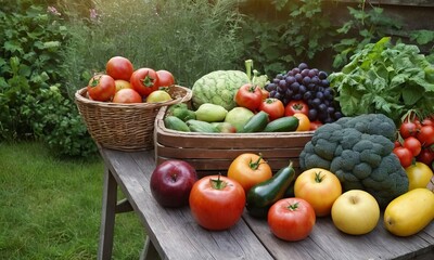 Vibrant still life of freshly harvested produce on a rustic wooden table