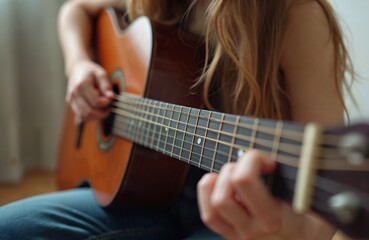 Fototapeta premium Young woman plays acoustic guitar creating music. Female musician girl with blond hair composes song, plucking strings. Musical instrument close up, fingers on fretboard. Hobby, music, artistic,