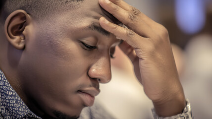 Obraz premium Contemplative portrait of a young man with his hand on his forehead, displaying a pensive or worried expression.