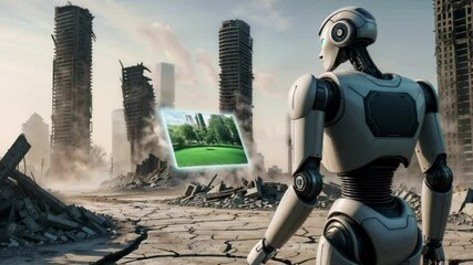environmental collapse in ruined cityscape with robot highlighting urban destruction for use in climate crisis media content