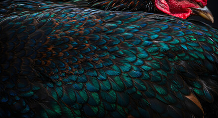 Iridescent Rooster Plumage Close-Up Displaying Vibrant Color And Texture