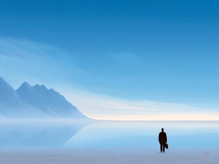 Small person in dark clothing standing in vast blue atmospheric space with fog and distant mountains showing isolation wonder and existential reflection